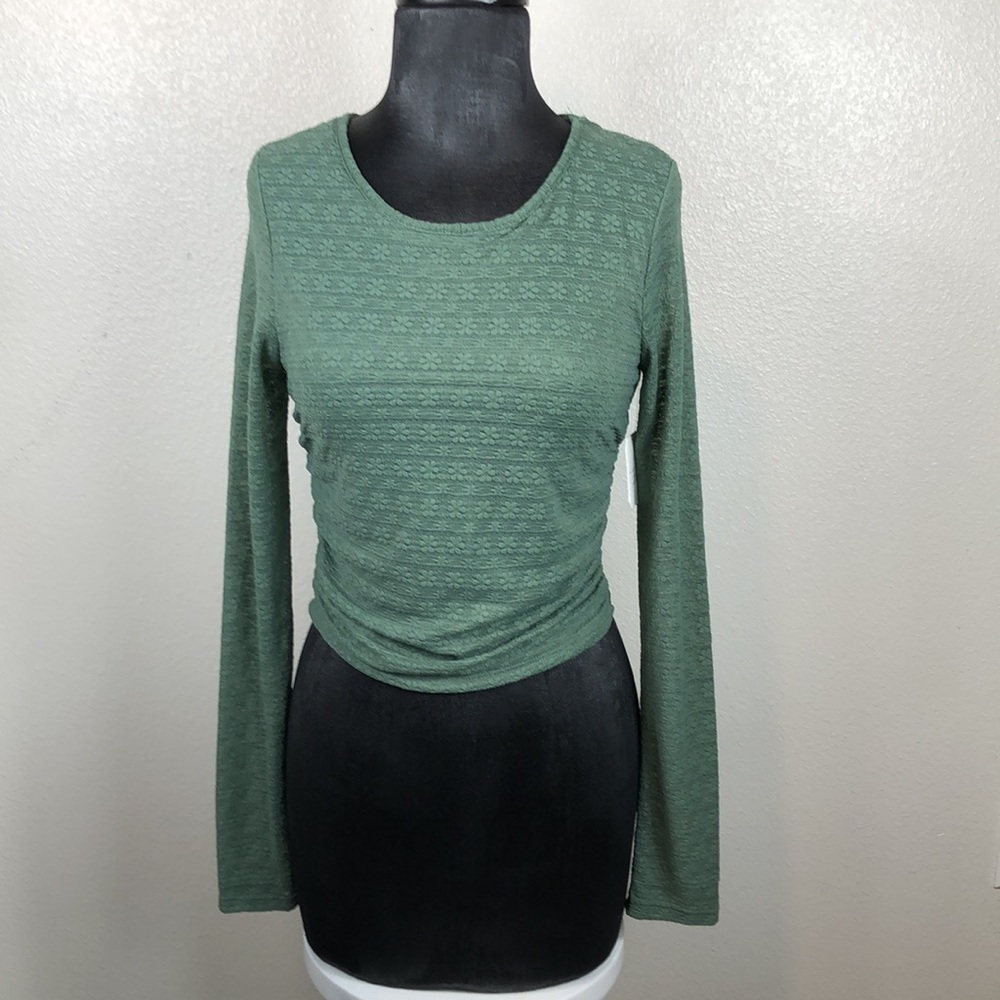 NEW Alter'd State Top Long Sleeve Lace Green Crop Ruched Sides Size Medium